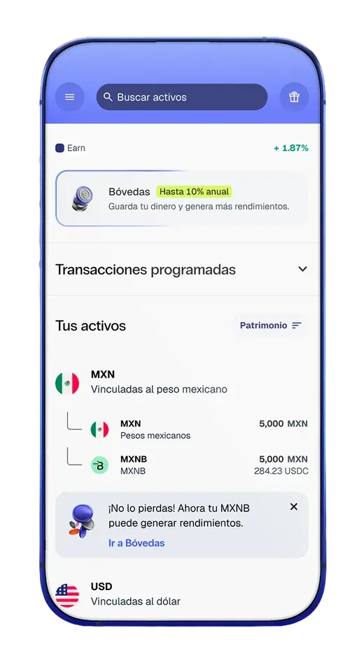 Pantalla de inicio de la app con el acceso a Bóvedas