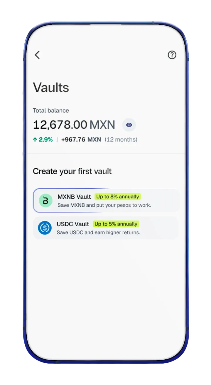 Vaults screen showing the MXNB and USDC vaults