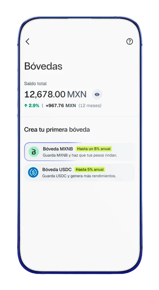 Pantalla de Bóvedas con las bóvedas MXNB y USDC
